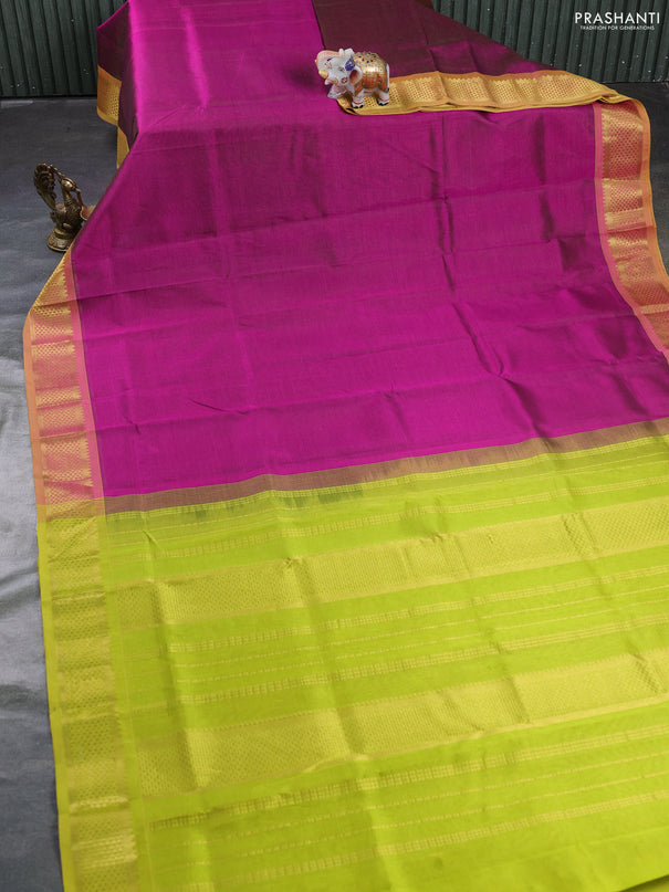 Silk cotton saree magenta pink and lime green with allover vairosi pattern and zari woven border