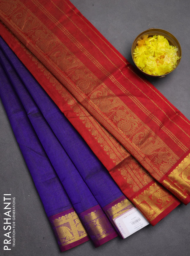 Silk cotton saree blue and maroon with allover vairosi pattern and zari woven border