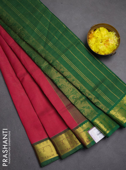 Silk cotton saree magenta pink and green with allover vairosi pattern and zari woven border