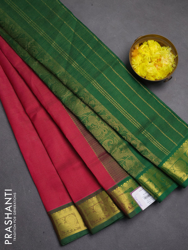 Silk cotton saree magenta pink and green with allover vairosi pattern and zari woven border