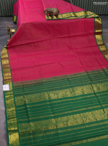 Silk cotton saree magenta pink and green with allover vairosi pattern and zari woven border
