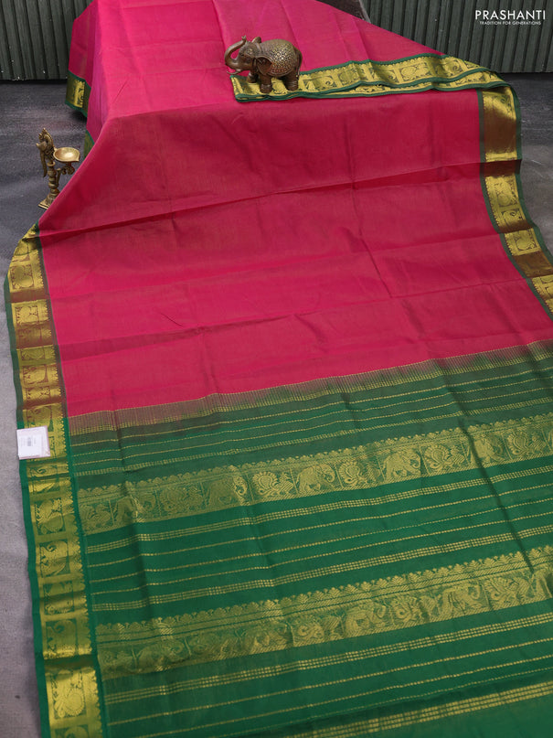 Silk cotton saree magenta pink and green with allover vairosi pattern and zari woven border