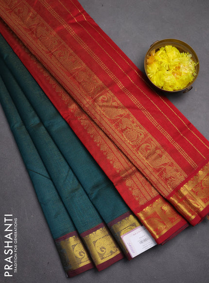 Silk cotton saree peacock green and maroon with allover vairosi pattern and zari woven border