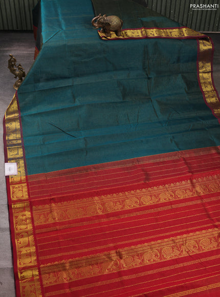 Silk cotton saree peacock green and maroon with allover vairosi pattern and zari woven border