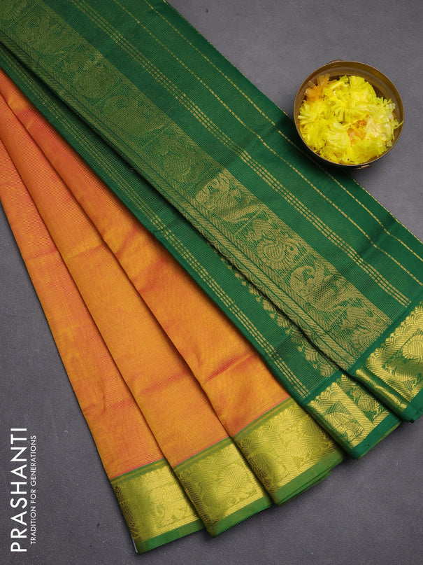 Silk cotton saree dual shade of yellowish pink and green with allover vairosi pattern and zari woven border