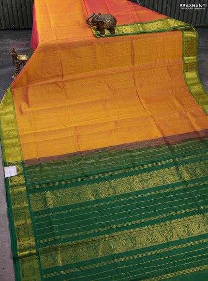 Silk cotton saree dual shade of yellowish pink and green with allover vairosi pattern and zari woven border