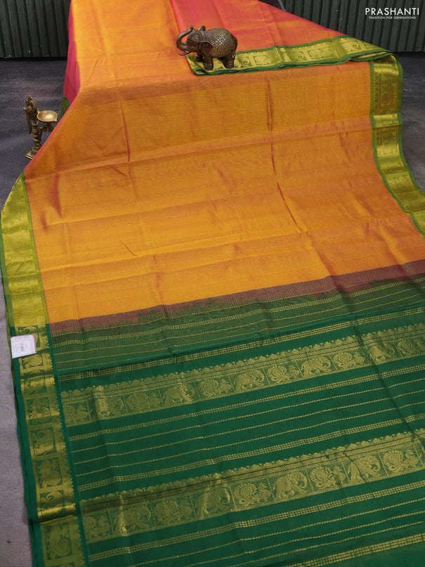 Silk cotton saree dual shade of yellowish pink and green with allover vairosi pattern and zari woven border