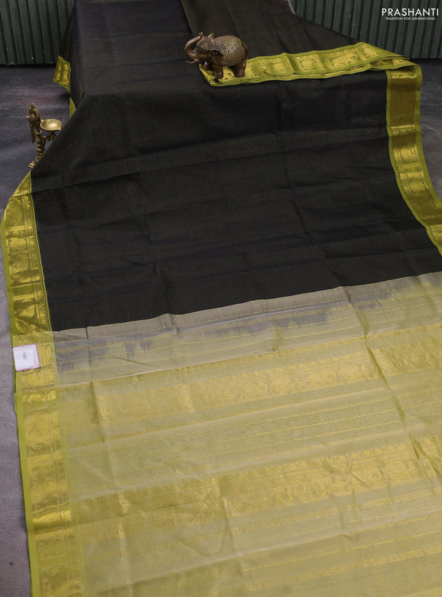 Silk cotton saree black and pista green with allover vairosi pattern and zari woven border