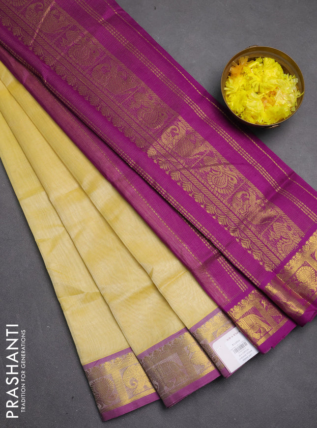 Silk cotton saree pale yellow and purple with allover vairosi pattern and zari woven border