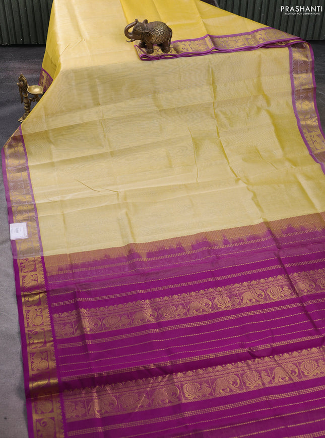 Silk cotton saree pale yellow and purple with allover vairosi pattern and zari woven border