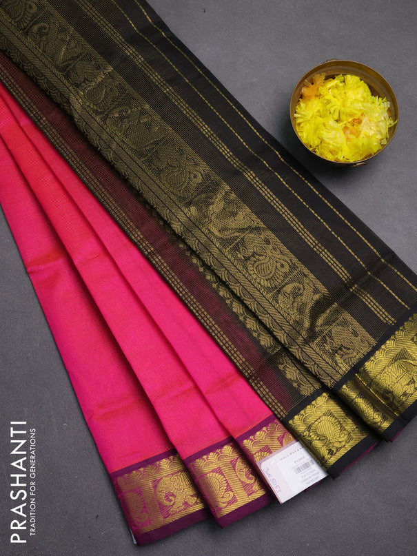 Silk cotton saree candy pink and black with allover vairosi pattern and zari woven border