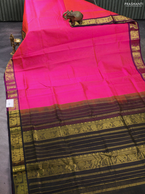 Silk cotton saree candy pink and black with allover vairosi pattern and zari woven border