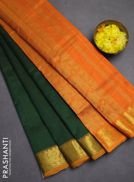 Silk cotton saree bottle green and orange with allover vairosi pattern and zari woven border