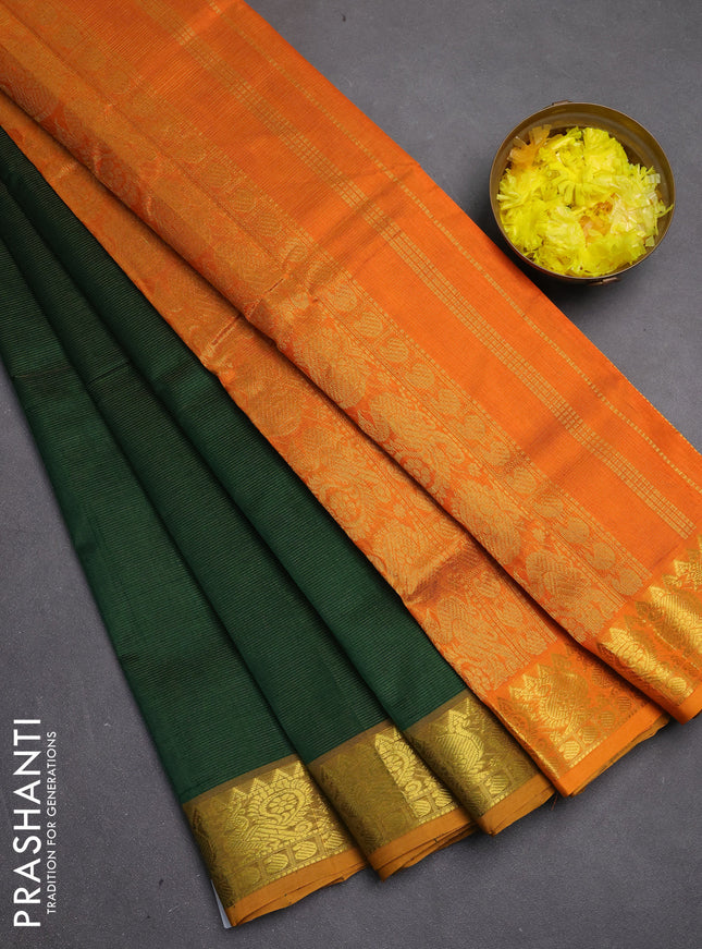 Silk cotton saree bottle green and orange with allover vairosi pattern and zari woven border