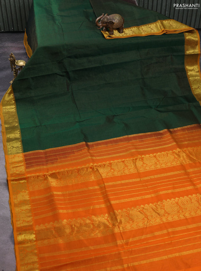 Silk cotton saree bottle green and orange with allover vairosi pattern and zari woven border
