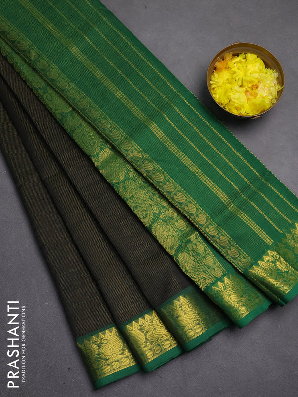 Silk cotton saree black and green with allover vairosi pattern and zari woven border