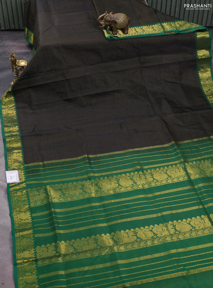 Silk cotton saree black and green with allover vairosi pattern and zari woven border