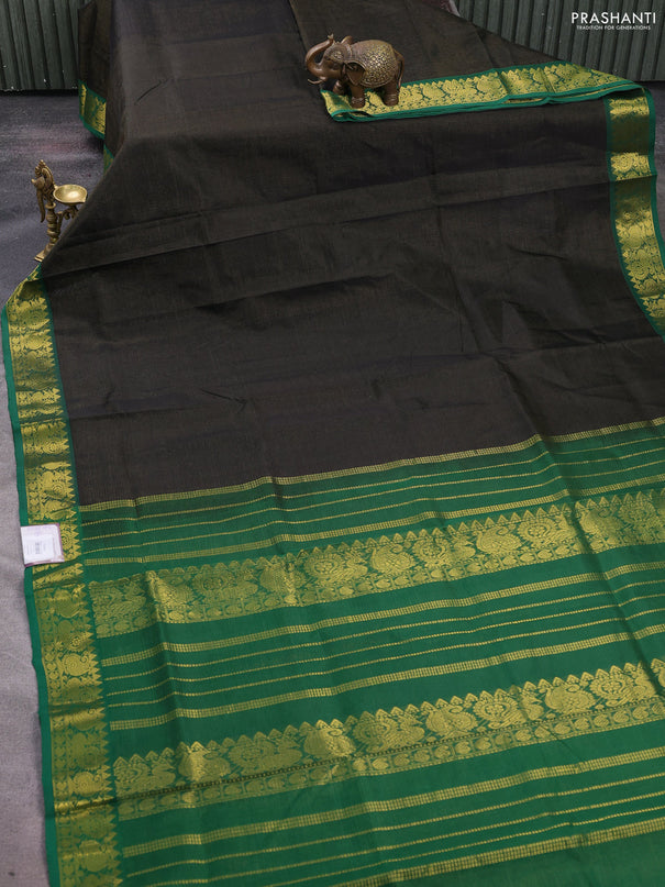 Silk cotton saree black and green with allover vairosi pattern and zari woven border