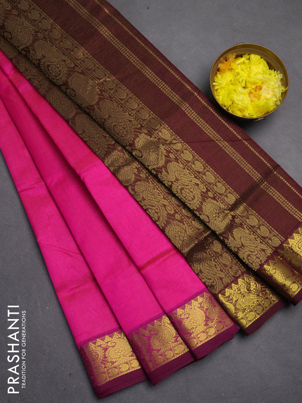 Silk cotton saree pink and wine shade with allover vairosi pattern and zari woven border