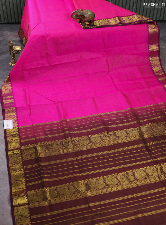 Silk cotton saree pink and wine shade with allover vairosi pattern and zari woven border