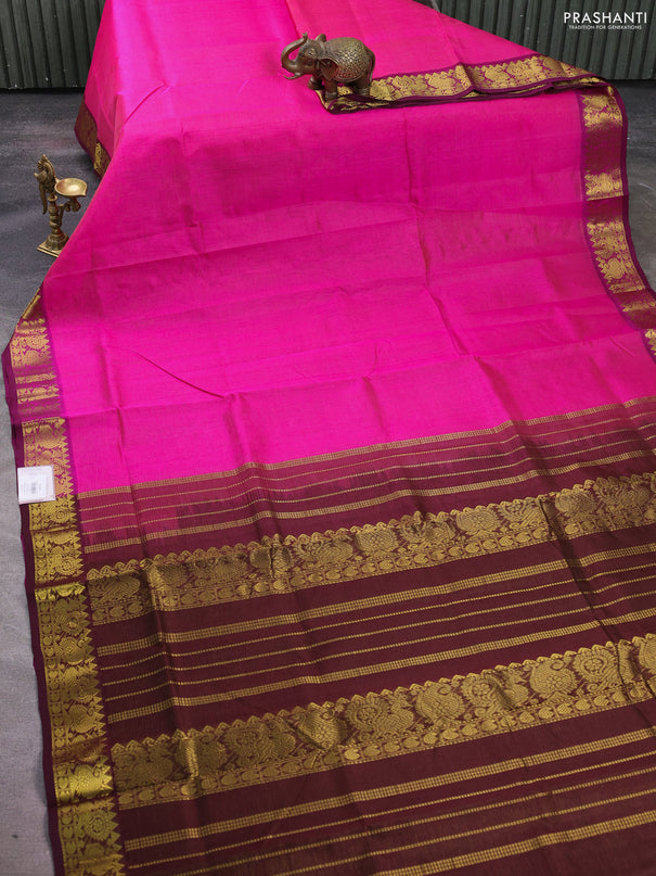 Silk cotton saree pink and wine shade with allover vairosi pattern and zari woven border
