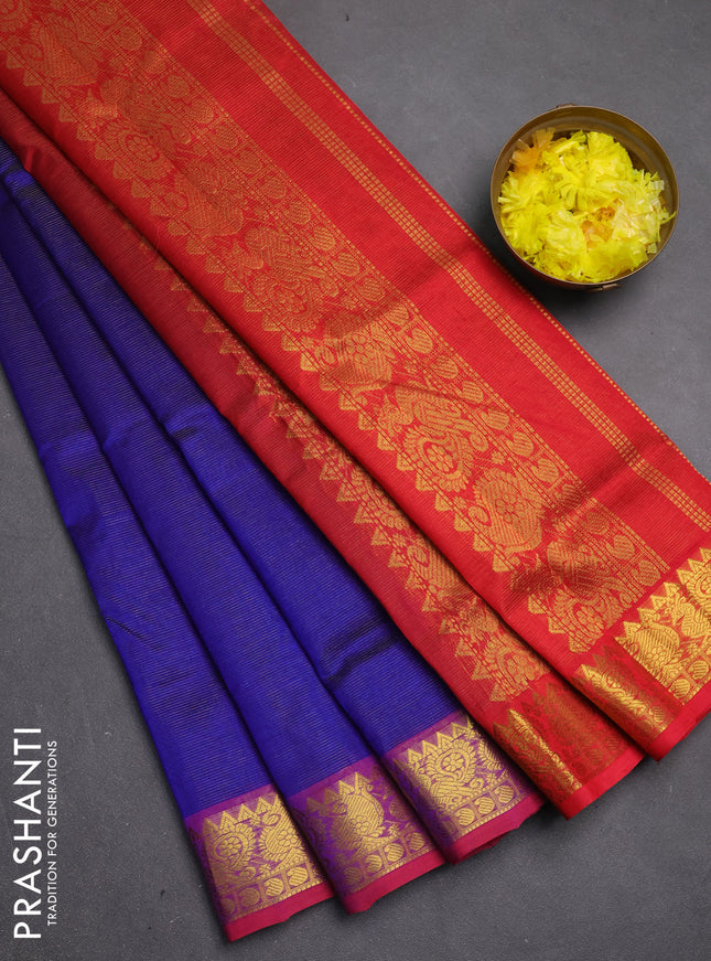 Silk cotton saree blue and red with allover vairosi pattern and zari woven border