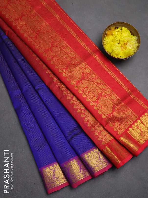 Silk cotton saree blue and red with allover vairosi pattern and zari woven border