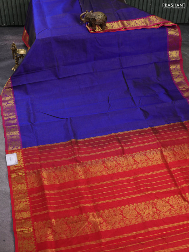 Silk cotton saree blue and red with allover vairosi pattern and zari woven border