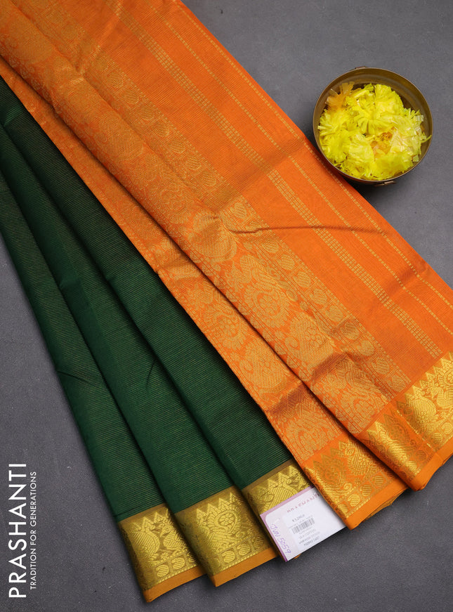 Silk cotton saree green and orange with allover vairosi pattern and zari woven border