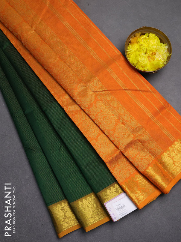 Silk cotton saree green and orange with allover vairosi pattern and zari woven border