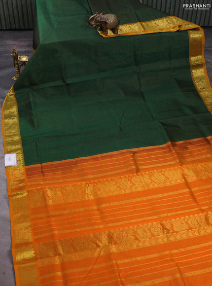 Silk cotton saree green and orange with allover vairosi pattern and zari woven border