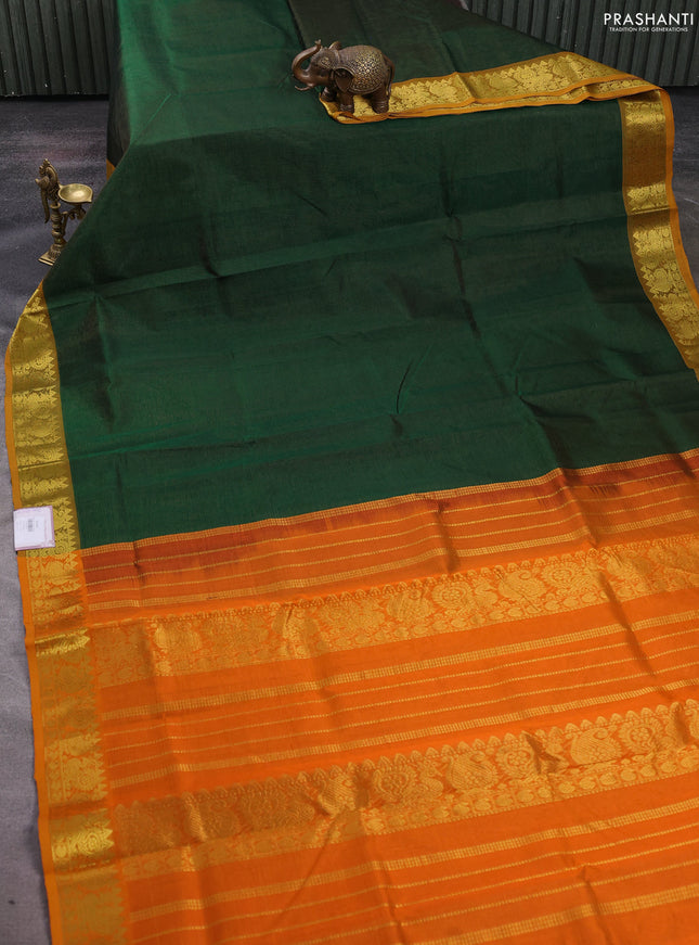 Silk cotton saree green and orange with allover vairosi pattern and zari woven border