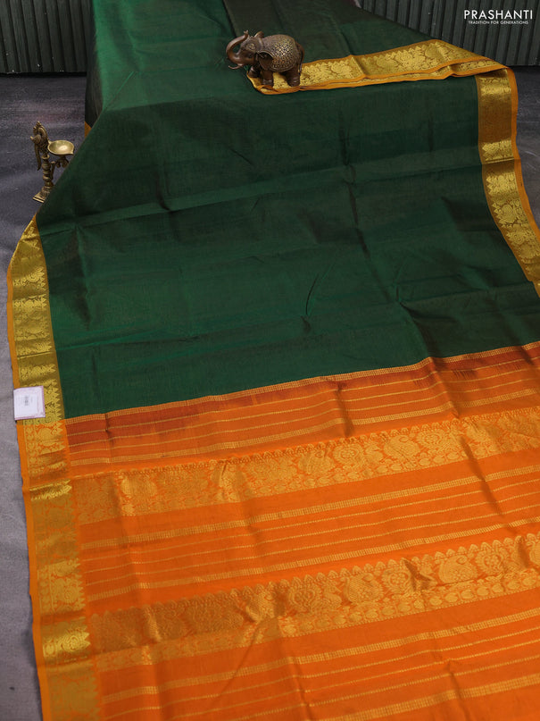 Silk cotton saree green and orange with allover vairosi pattern and zari woven border
