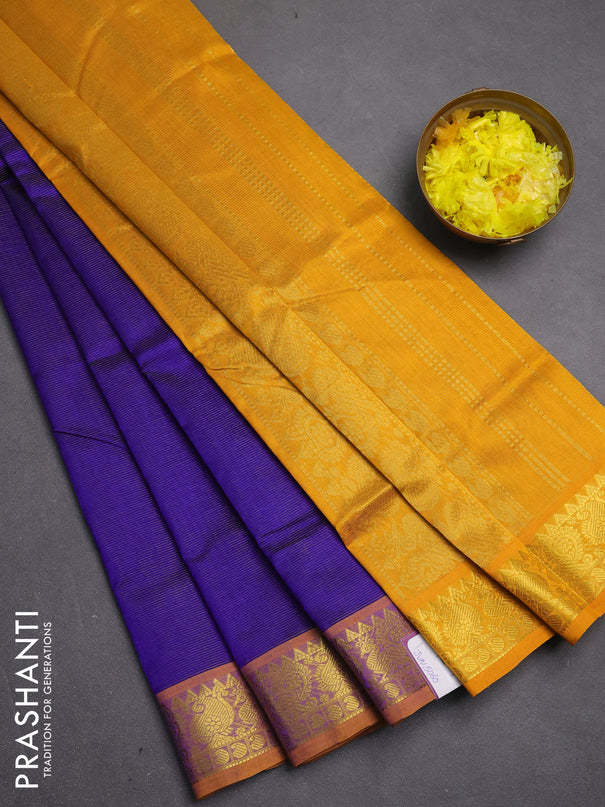 Silk cotton saree blue and mustard yellow with allover vairosi pattern and zari woven border