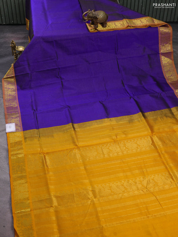 Silk cotton saree blue and mustard yellow with allover vairosi pattern and zari woven border
