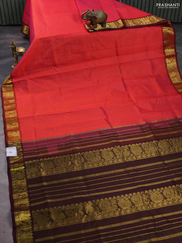 Silk cotton saree dual shade of pink and deep wine with allover vairosi pattern and zari woven border