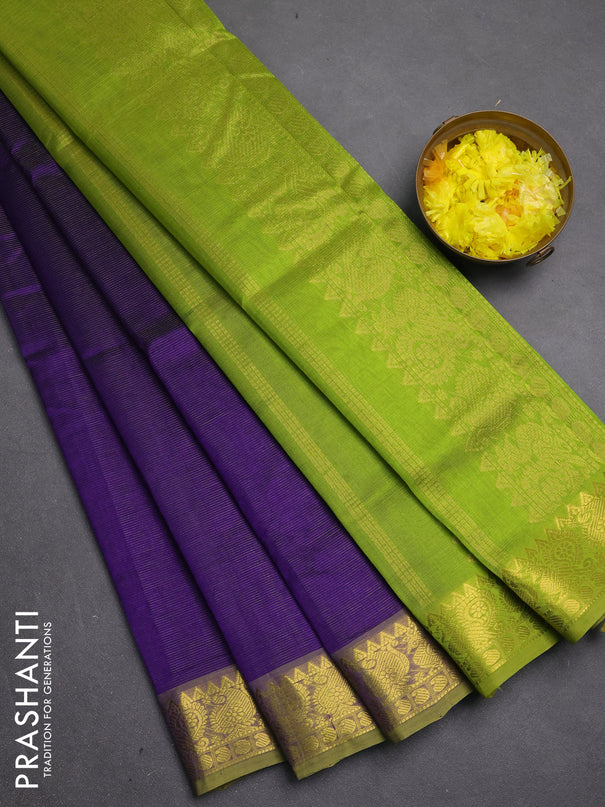 Silk cotton saree violet and light green with allover vairosi pattern and zari woven border