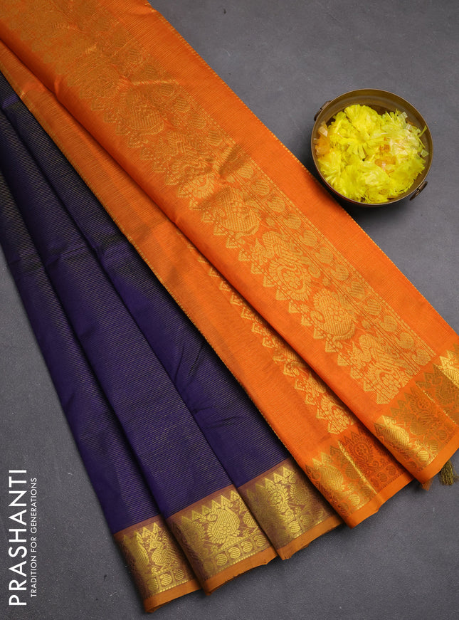 Silk cotton saree navy blue and orange with allover vairosi pattern and zari woven border