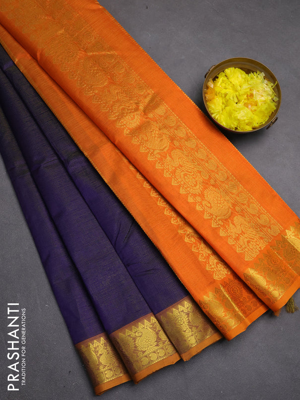 Silk cotton saree navy blue and orange with allover vairosi pattern and zari woven border