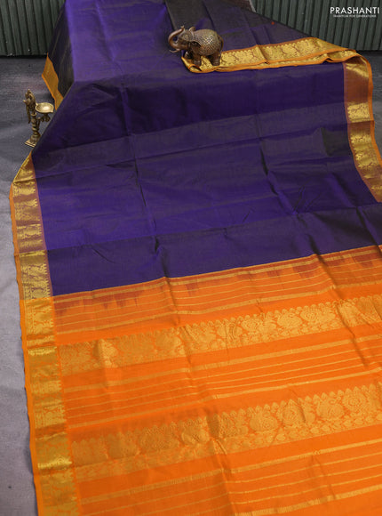 Silk cotton saree navy blue and orange with allover vairosi pattern and zari woven border