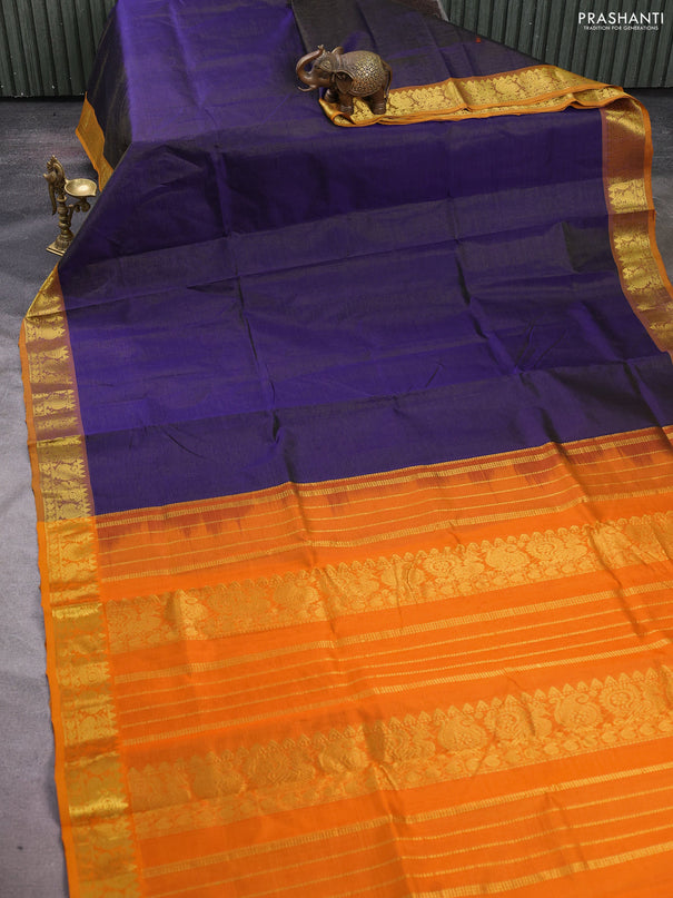 Silk cotton saree navy blue and orange with allover vairosi pattern and zari woven border