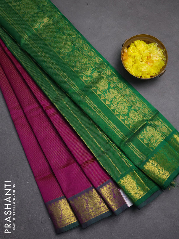 Silk cotton saree purple and green with allover vairosi pattern and zari woven border