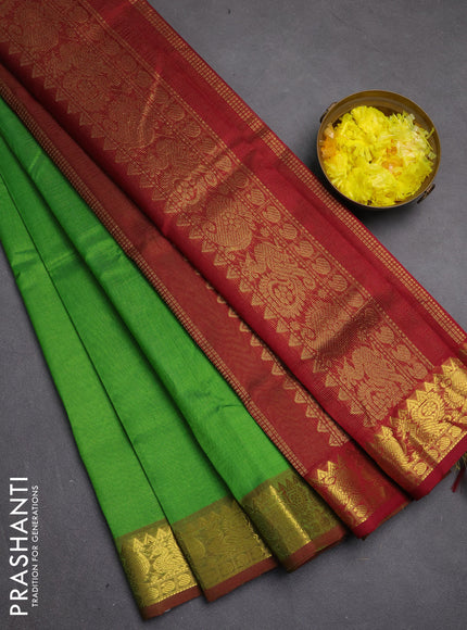 Silk cotton saree green and maroon with allover vairosi pattern and zari woven border