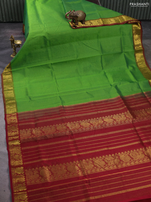 Silk cotton saree green and maroon with allover vairosi pattern and zari woven border
