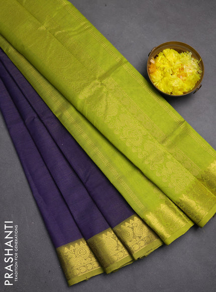 Silk cotton saree dark blue and light green with allover vairosi pattern and zari woven border