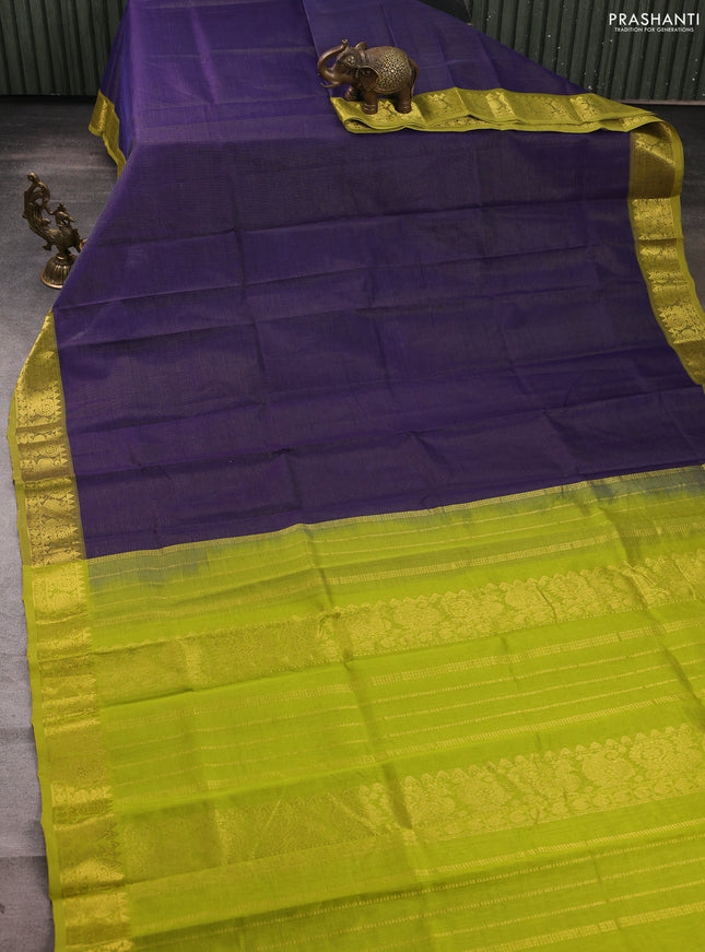 Silk cotton saree dark blue and light green with allover vairosi pattern and zari woven border