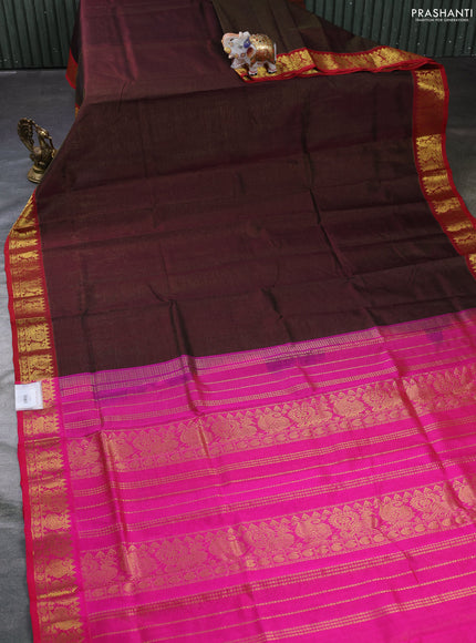 Silk cotton saree coffee brown and pink with allover vairosi pattern and zari woven border