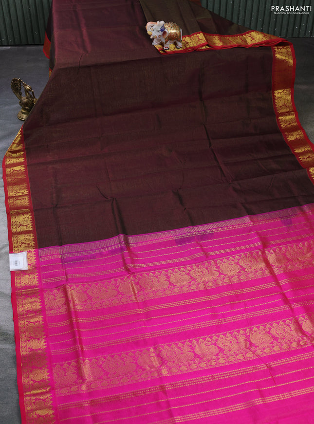 Silk cotton saree coffee brown and pink with allover vairosi pattern and zari woven border
