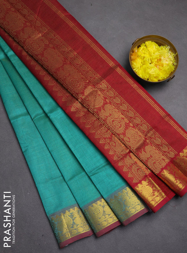 Silk cotton saree teal green and maroon with allover vairosi pattern and zari woven border