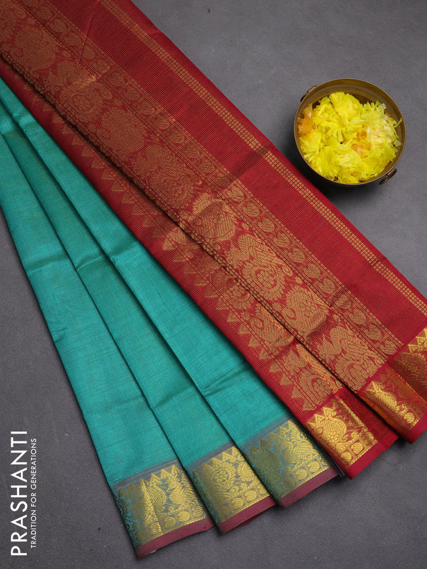 Silk cotton saree teal green and maroon with allover vairosi pattern and zari woven border